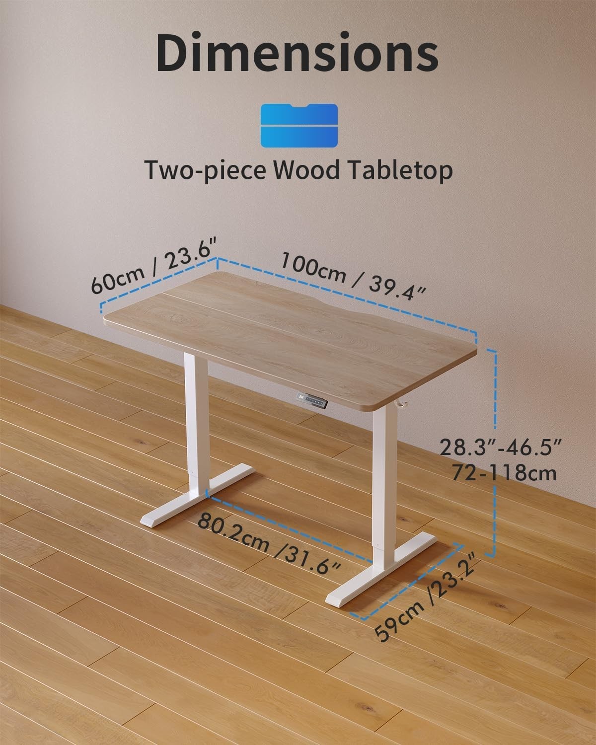 Electric Standing Desk 100x60cm Oak Top Adjustable Height Table for Office