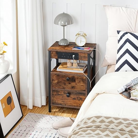 Rustic Charging Bedside Table with USB Ports, 2 Drawers, Small Space Nightstand