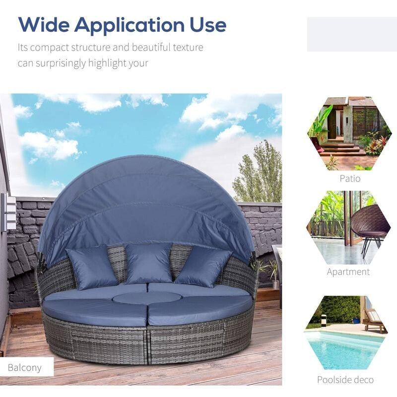 6 Seater Rattan Garden Sofa Bed Set with Canopy Coffee Table Cushions Grey