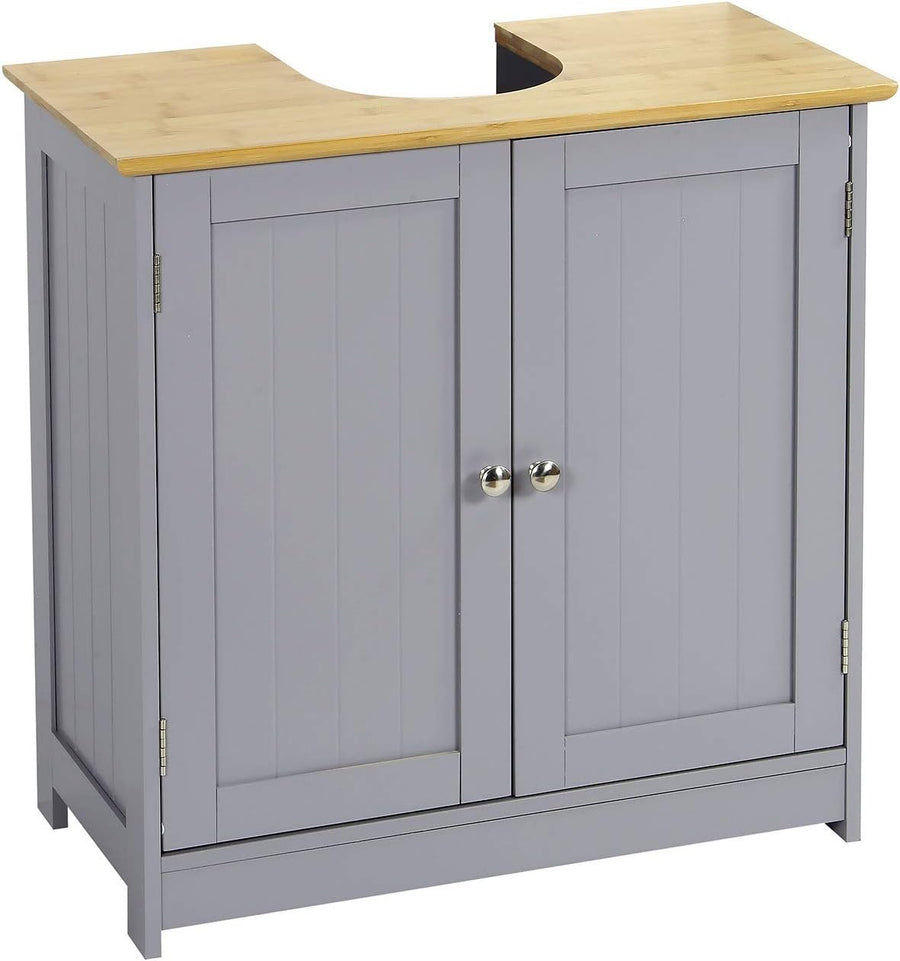Modern Grey Bathroom Vanity Unit Bamboo Top Under Sink Storage Cabinet