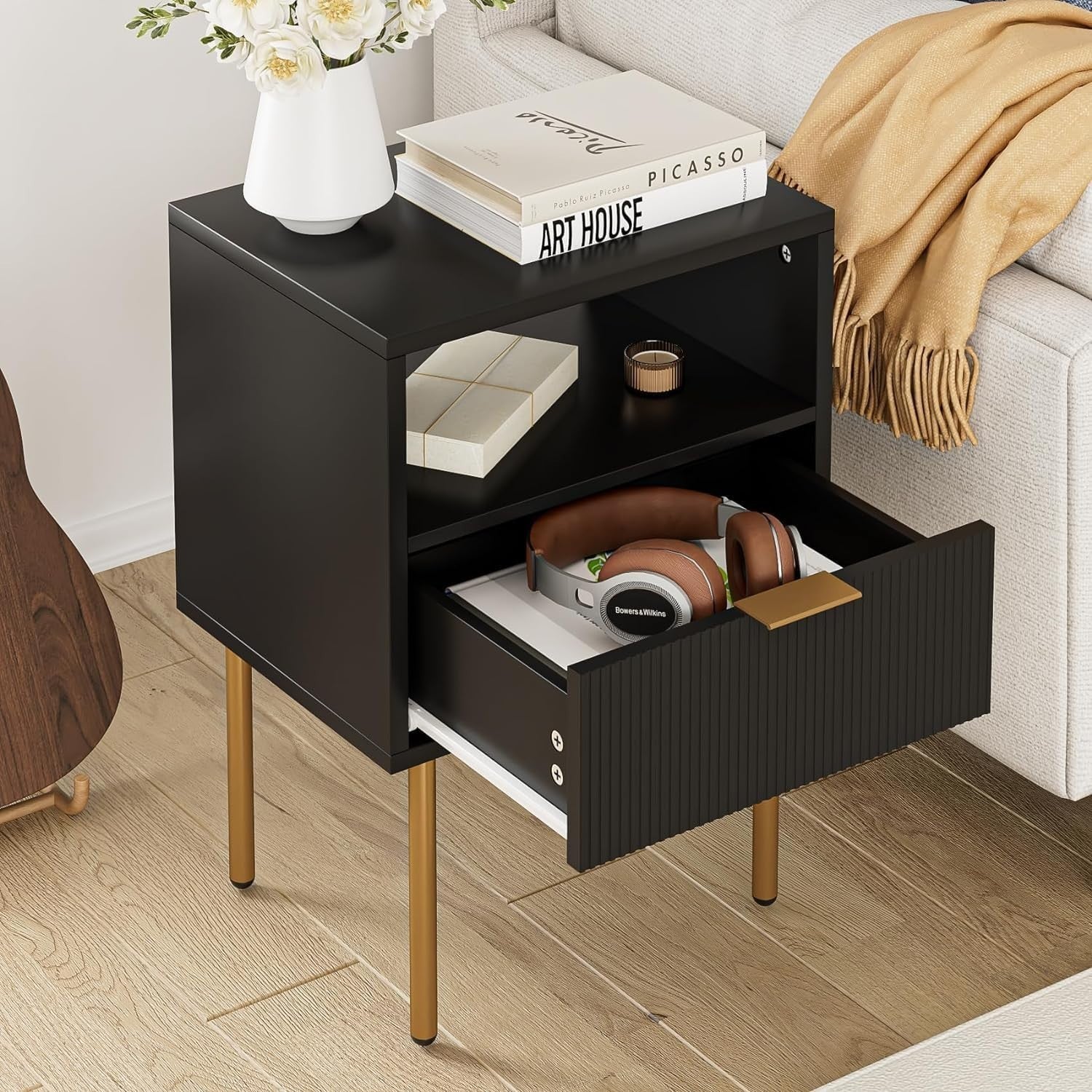 Black Bedside Table with Drawer & Open Shelf | Modern Wooden Nightstand