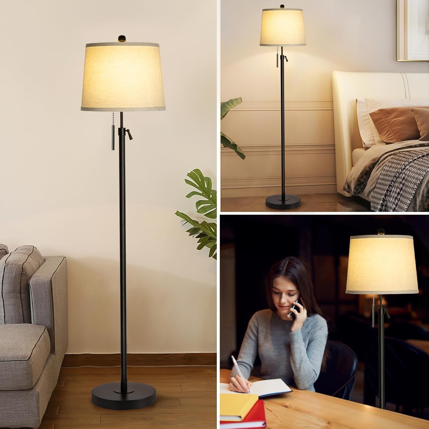 Adjustable Floor Lamp Black Height Adjustable 3 Colour LED Standing Light