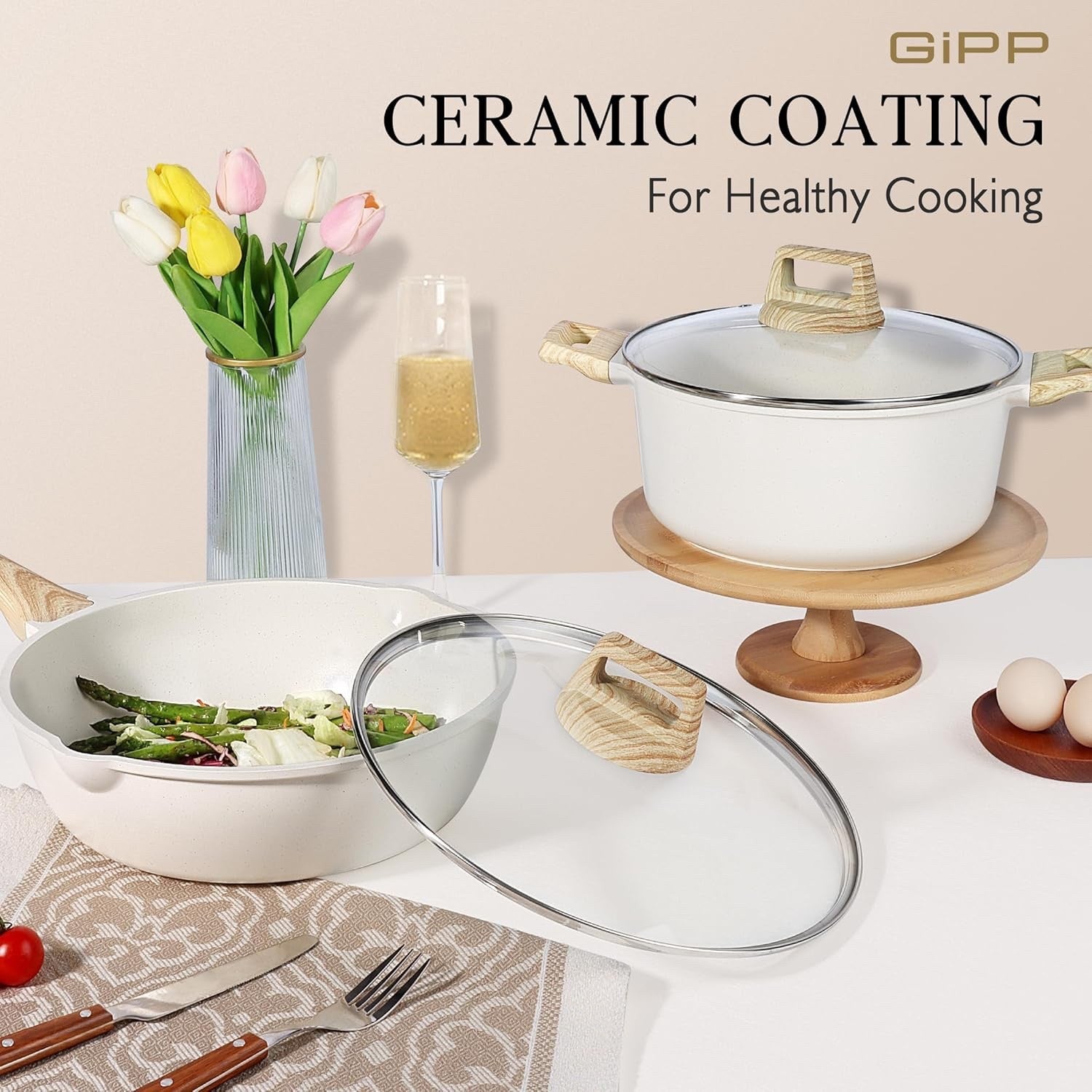 18Pcs Ceramic Non Stick Cookware Set PFAS-Free Induction Pots & Pans with Lids