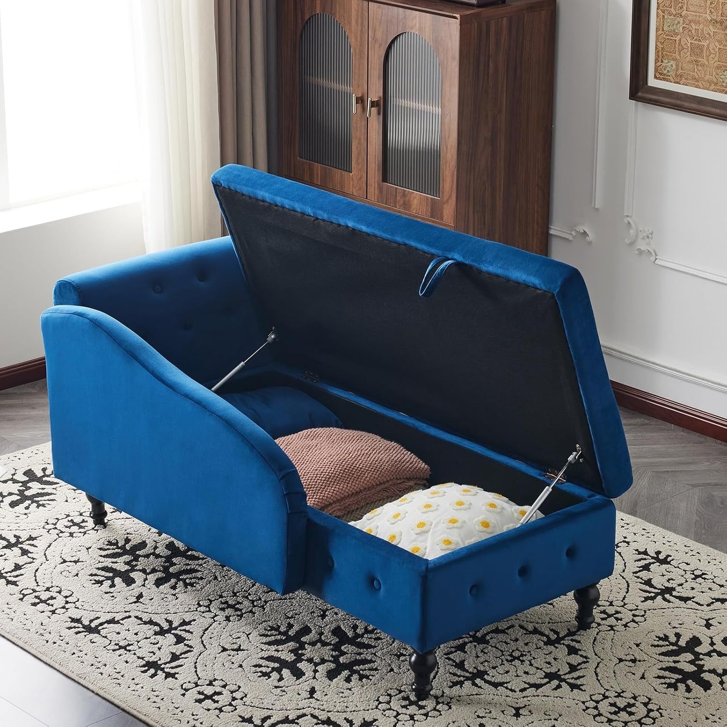 Velvet Chaise Lounge Sofa with Storage, Button Tufted, Blue, Ergonomic