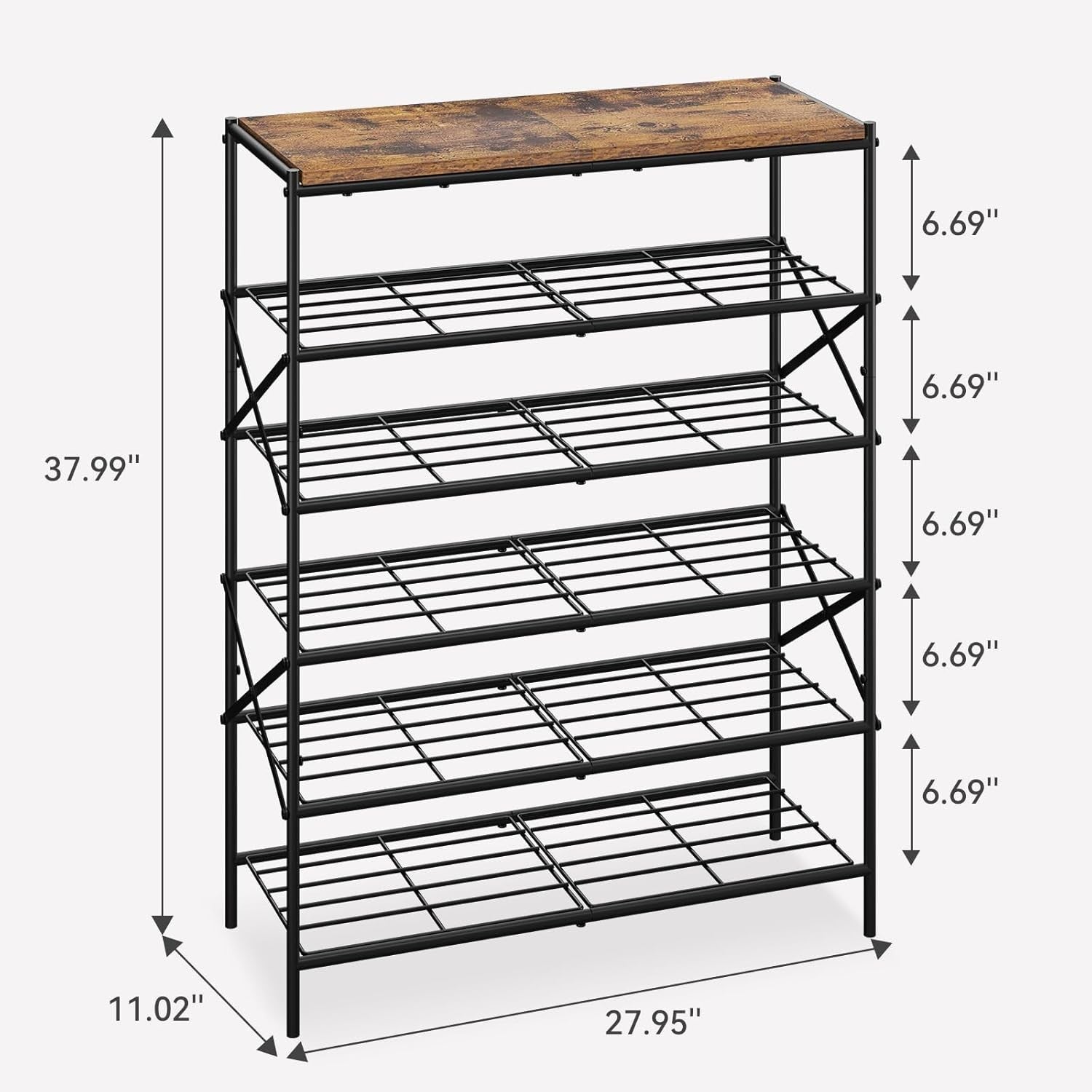 6 Tier Metal Shoe Rack Organizer – Holds 24 Pairs, Rustic Wood Shelf