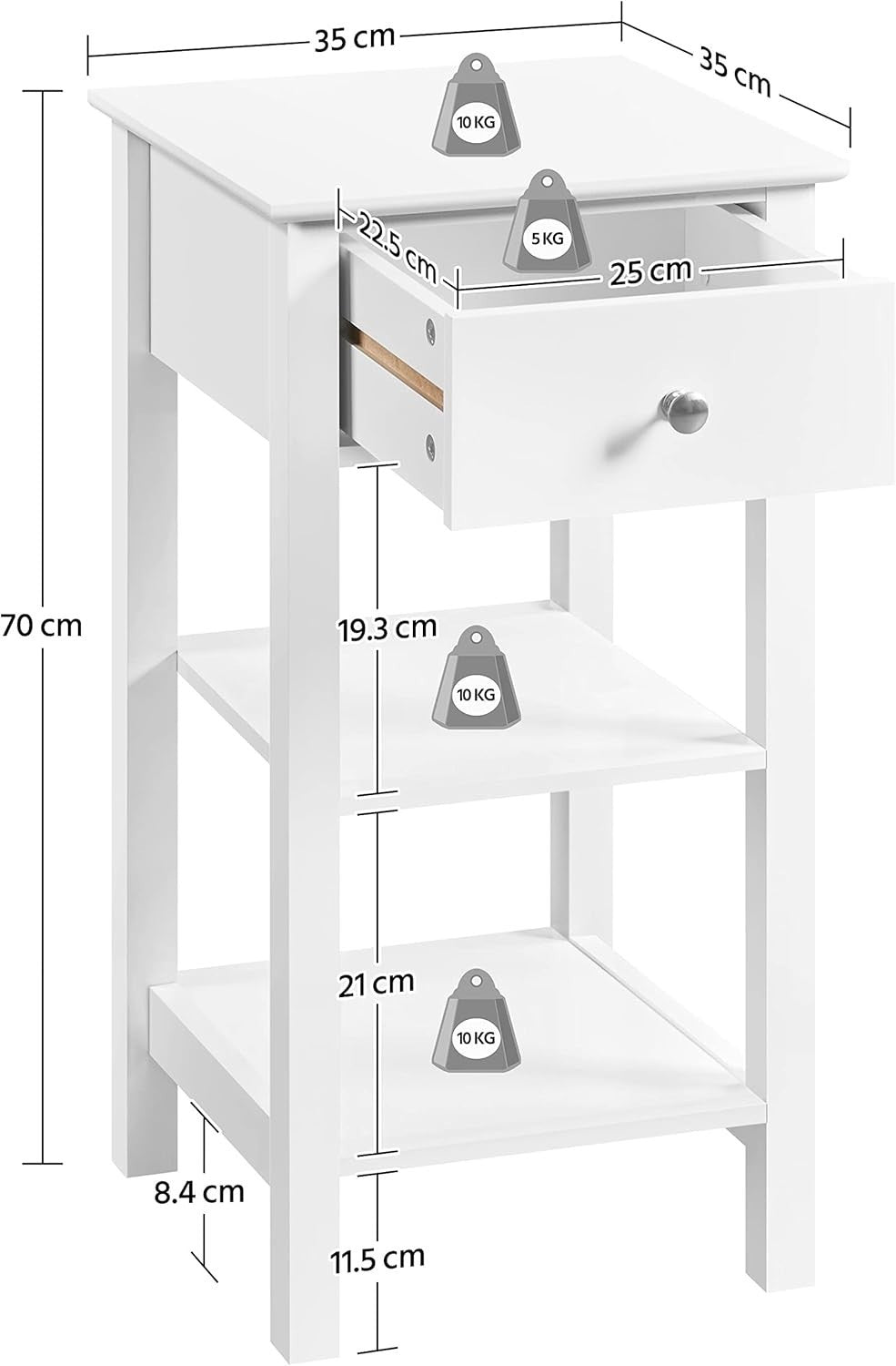Set of 2 White Narrow Bedside Tables with Drawer & 2 Shelves | Slim Wooden