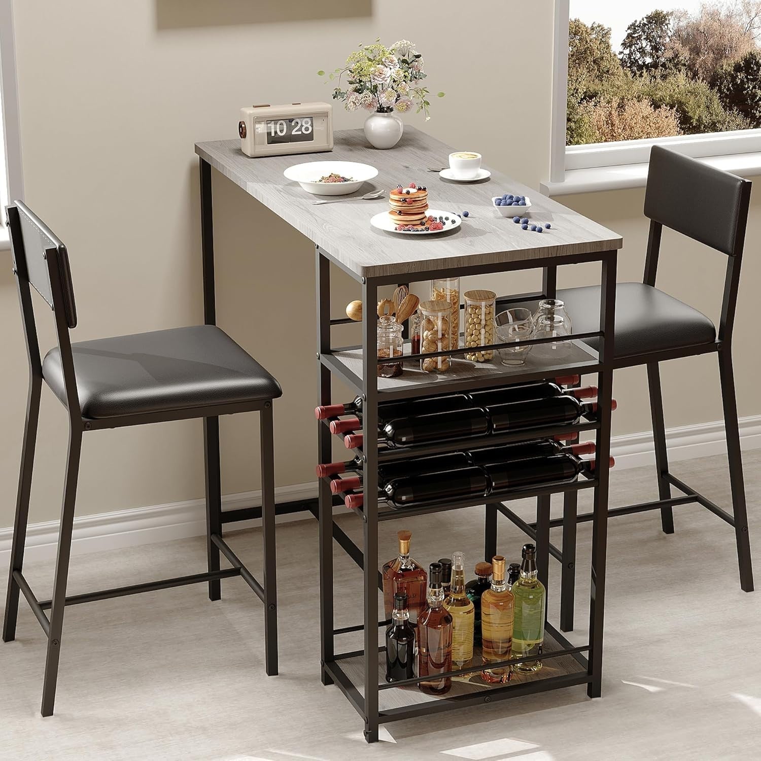 Counter Height Dining Table Set Storage Shelves & 2 Chairs Space Saving Home Set