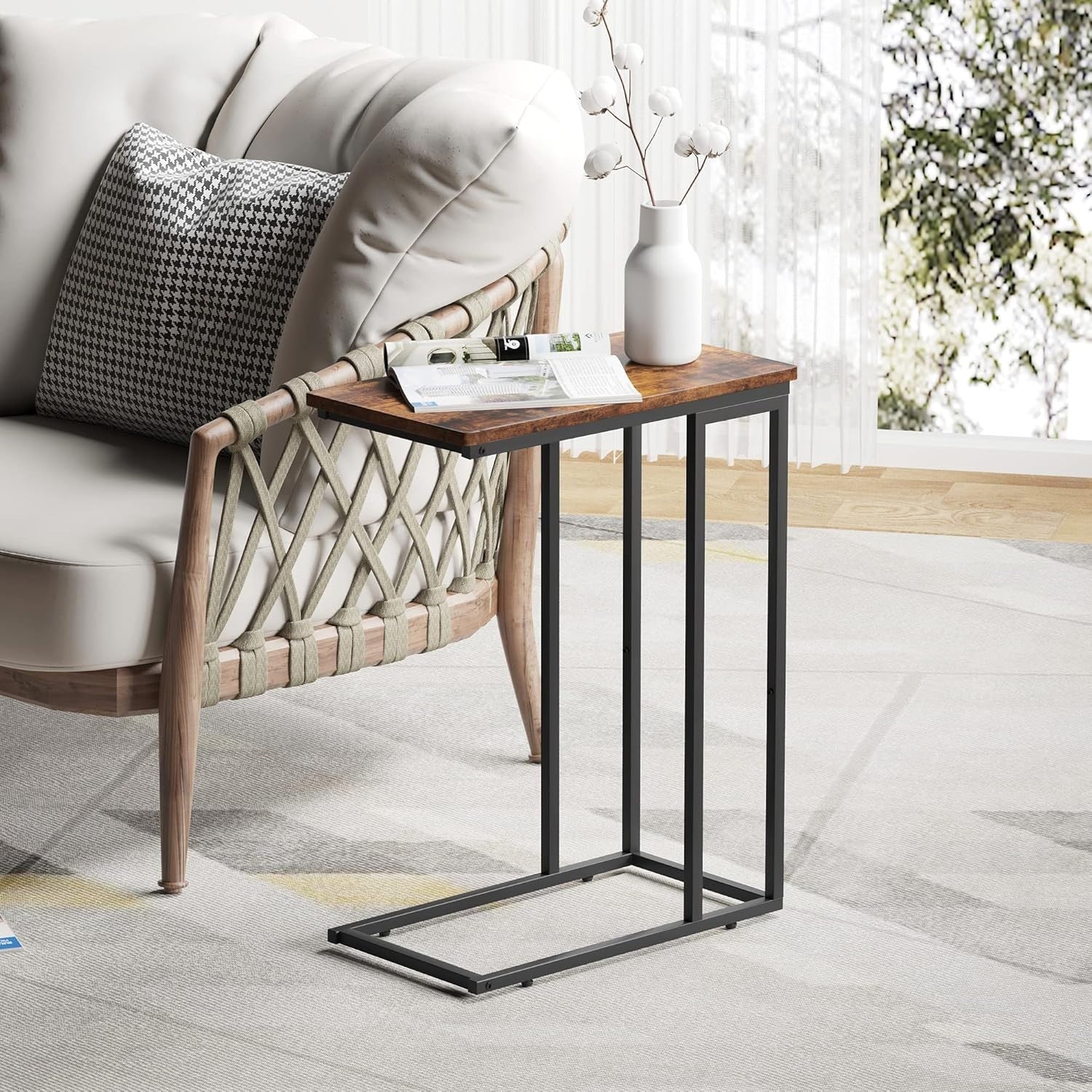 Slim C-Shaped Side Table for Sofa Bed, Rustic Brown Laptop & Snack Tray