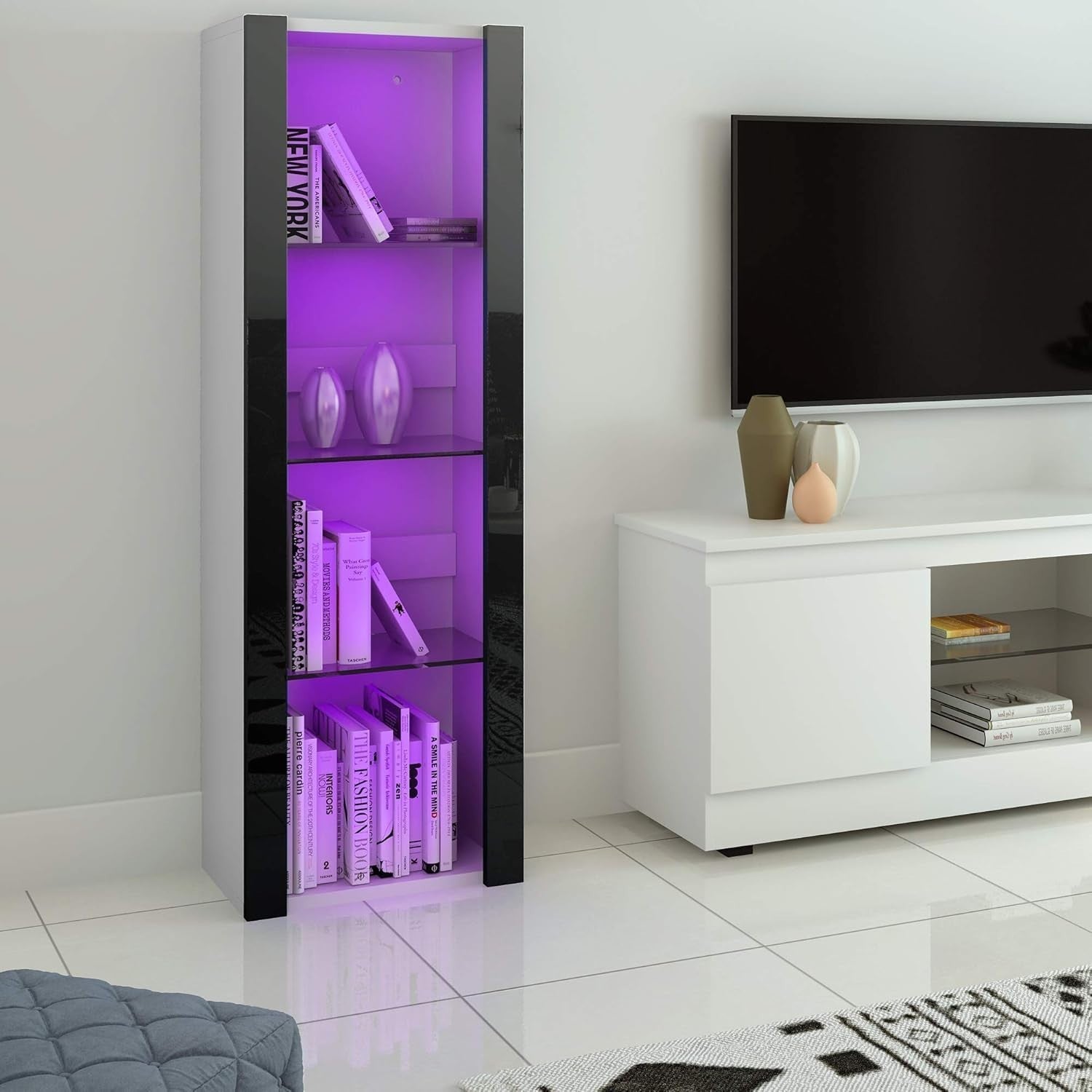 Tall Glass Display Cabinet RGB LED Light Shelves Storage 165cm Cupboard