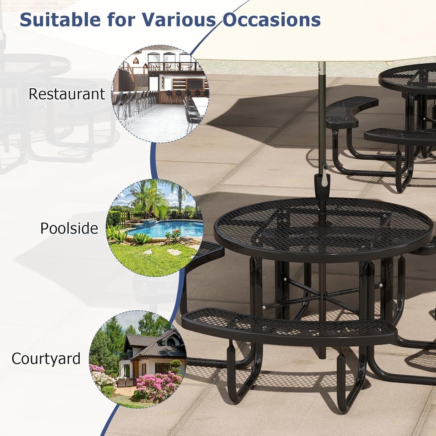 8-Seater Round Picnic Table & Bench Outdoor Dining Set with Umbrella Hole