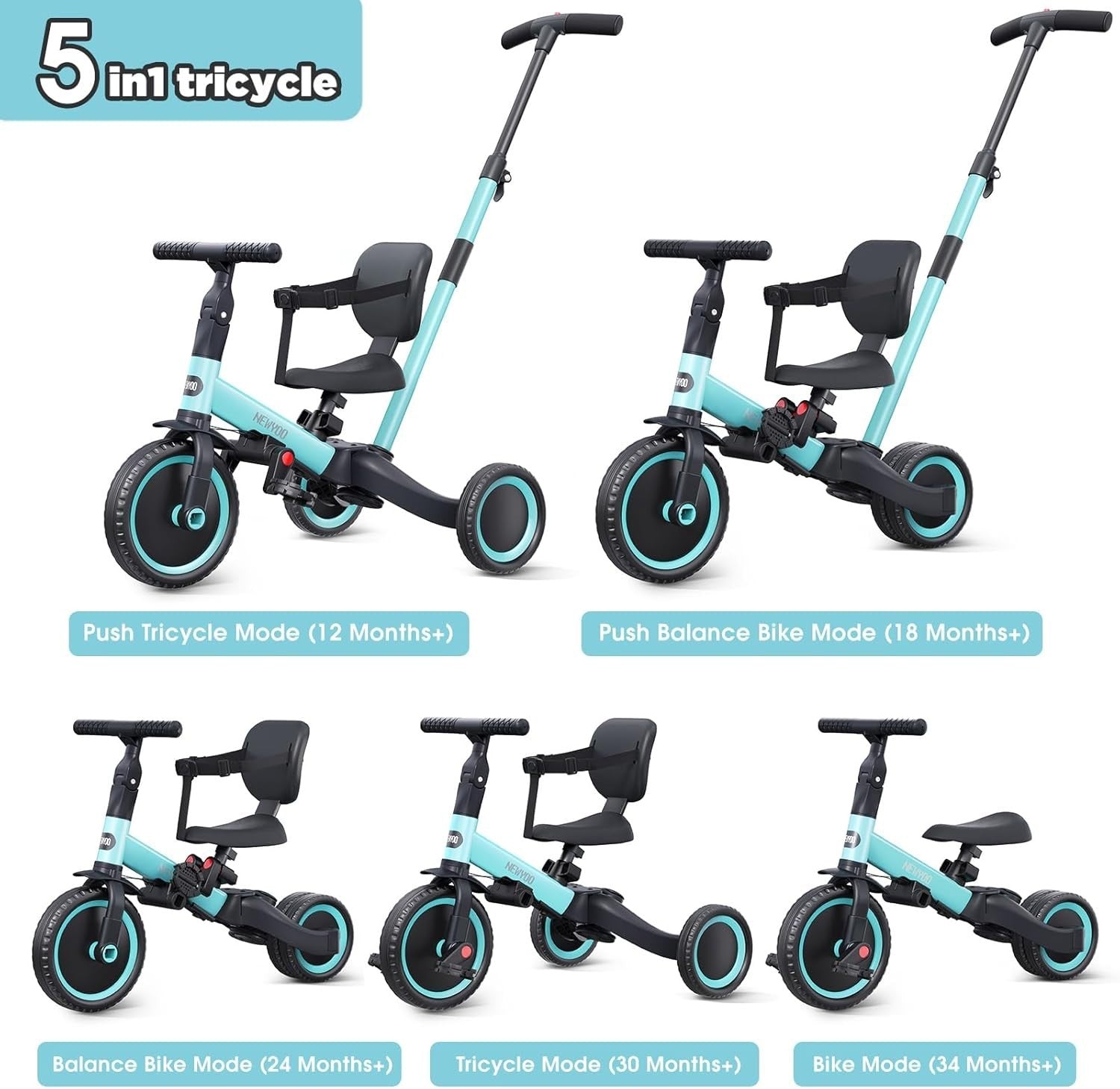 5 in 1 Toddler Tricycle Push Trike Balance Bike Parent Handle Blue