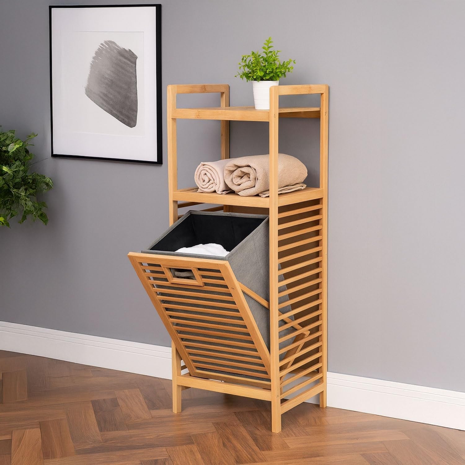 Bamboo Laundry Hamper Tilt Out Basket with Shelves Bathroom Storage Unit Descri