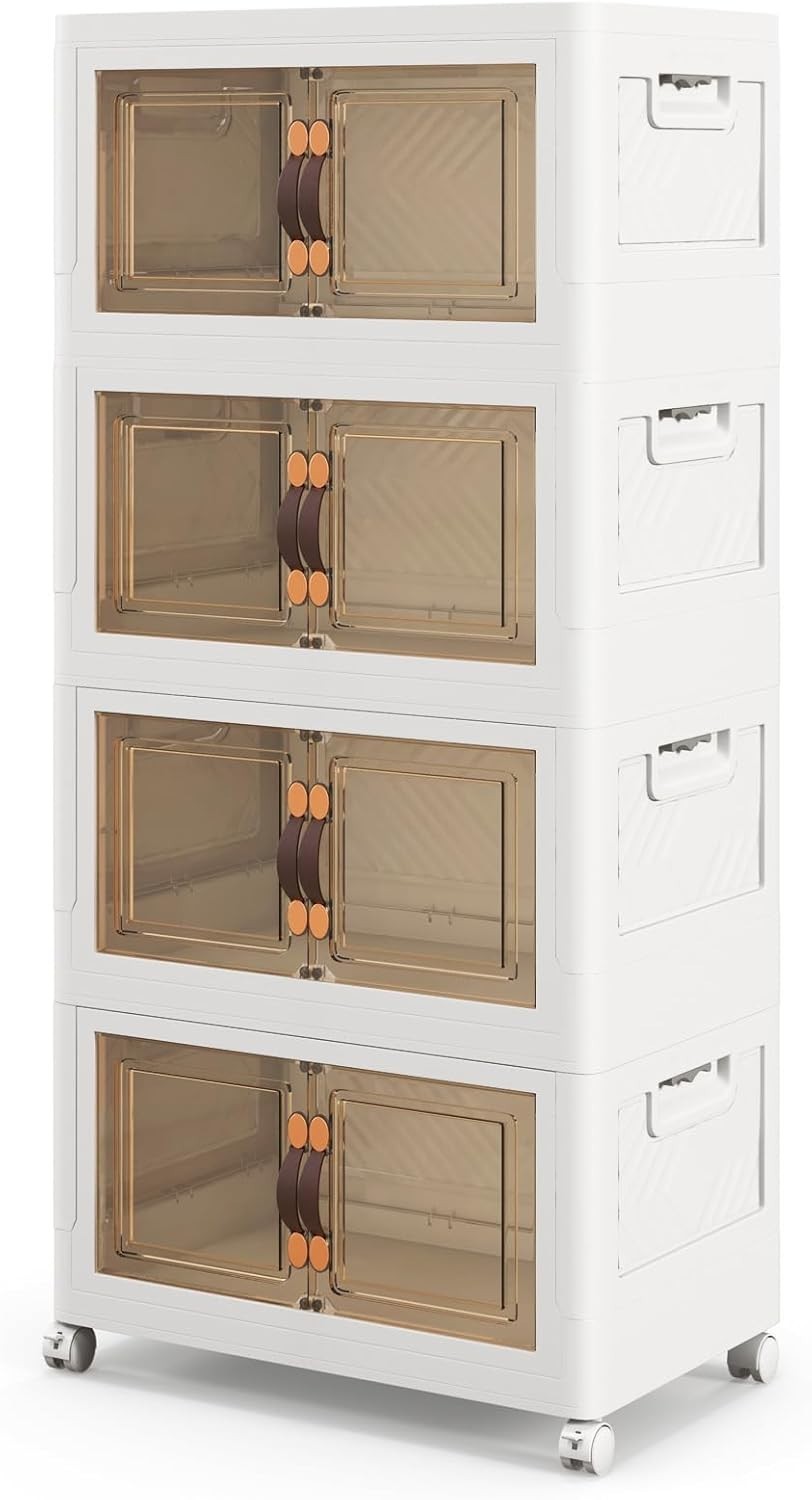 4-Tier Folding Shoe Storage Cabinet with Lockable Wheels & Stackable Bins