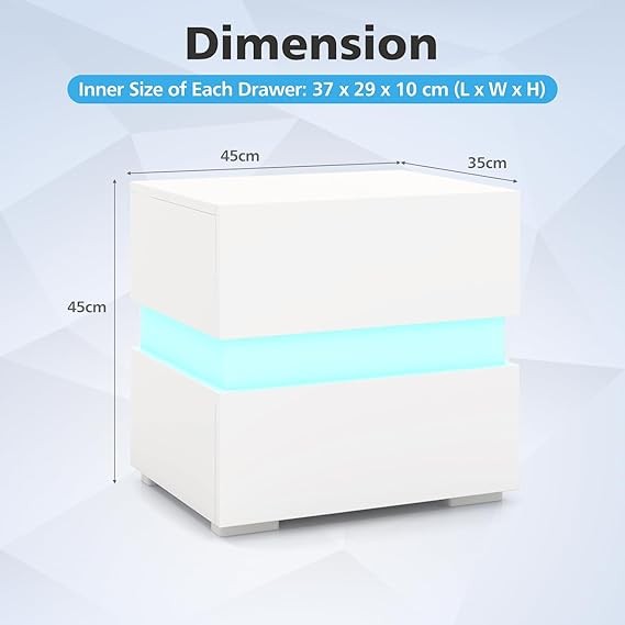 Modern LED Bedside Table with RGB Lights, 2 Drawers, High Gloss Nightstand