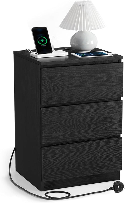 Black Bedside Table with Charging Station, 3 Drawers, USB & AC Ports, Modern