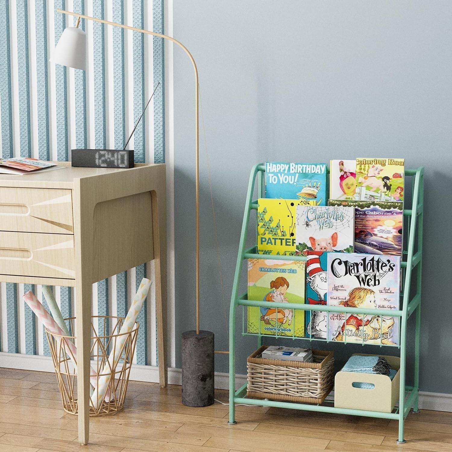 Kids Leaning Bookshelf & Toy Organizer Rack – Durable Metal, Space Saving