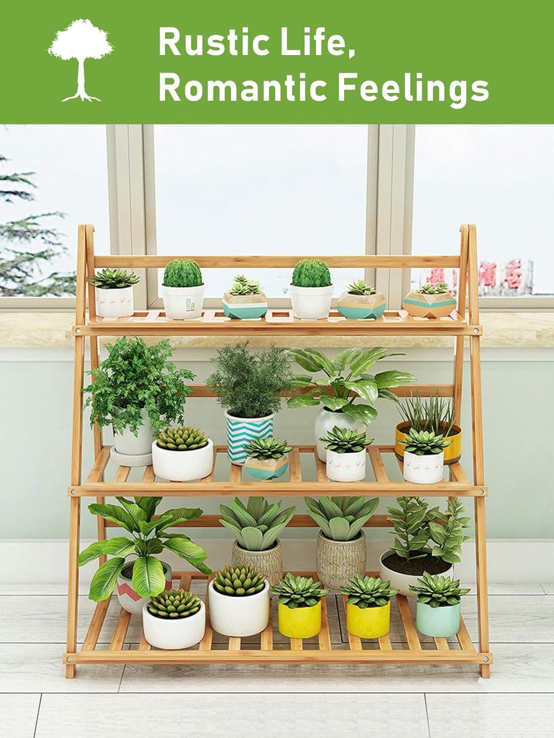 3 Tier Bamboo Ladder Plant Stand | Foldable Indoor Outdoor Flower Pot Shelf