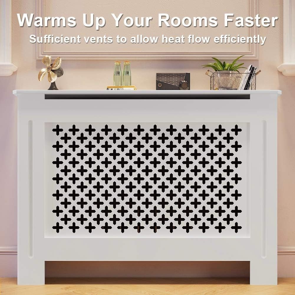 White Radiator Cover Medium | Modern Cross Slat MDF Cabinet – Easy Assembly