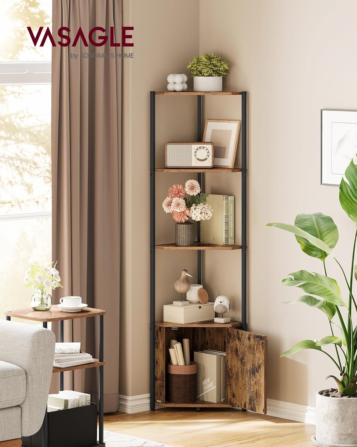 5-Tier Corner Shelf with Storage Cabinet Space-Saving Modern Display Unit Rustic
