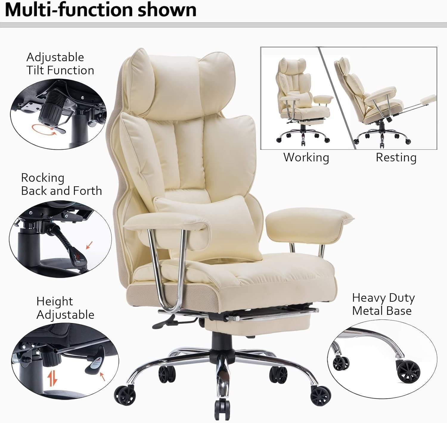 Executive Office Chair Recliner Footrest Swivel Desk Chair UK Beige Leather
