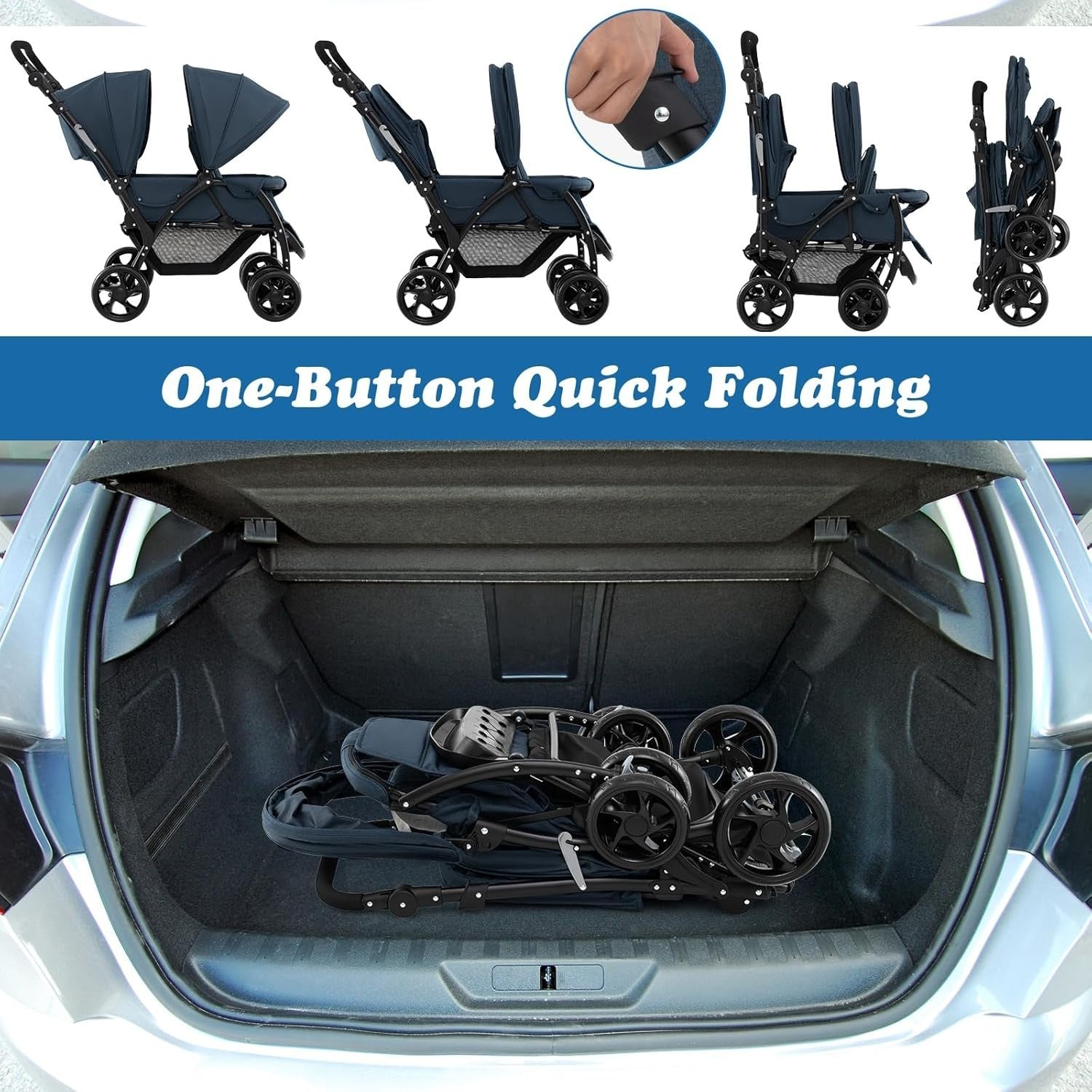 Navy Blue Double Baby Stroller Tandem Pushchair Foldable 30kg