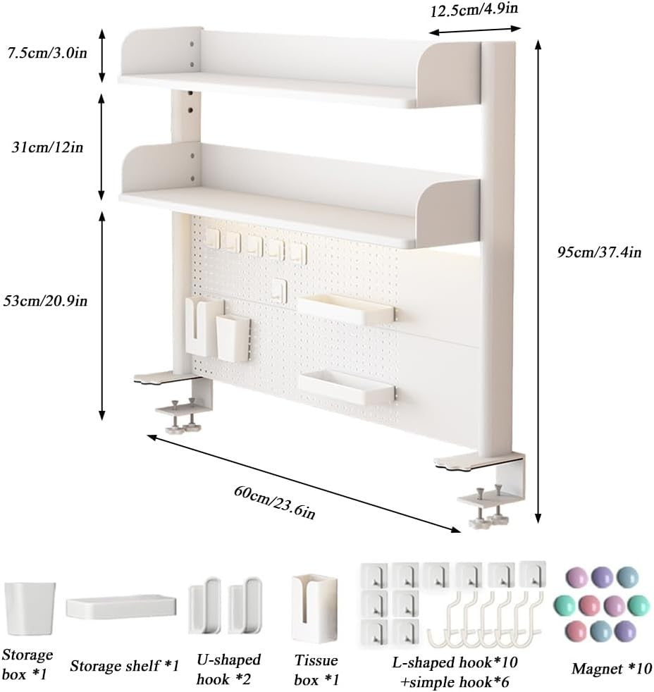 Clamp-On Desk Organizer Shelf 2-Tier Pegboard Hutch Rack 60cm White