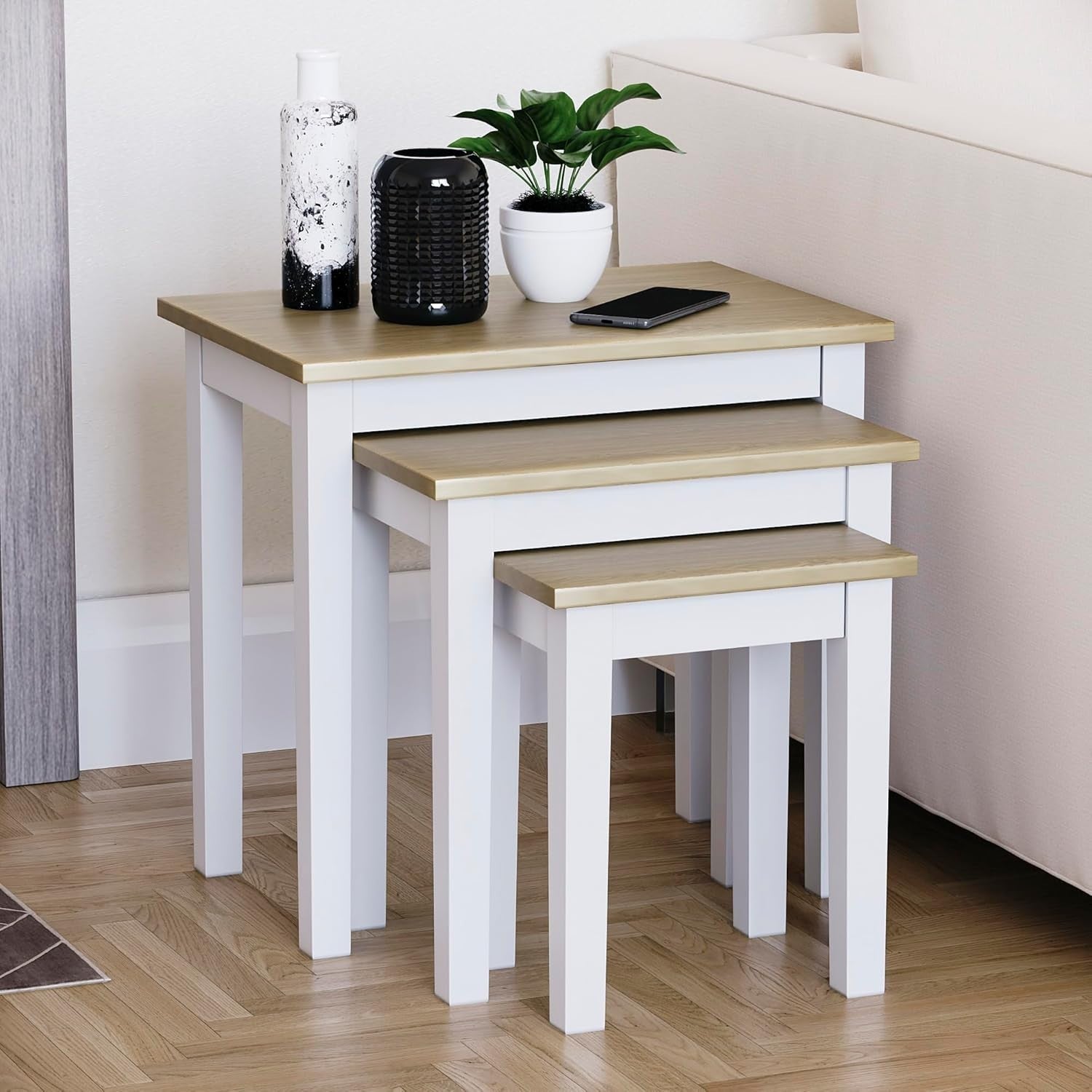 Space Saving Nesting End Tables Set of 3 Oak White Engineered Wood Coffee Sofa