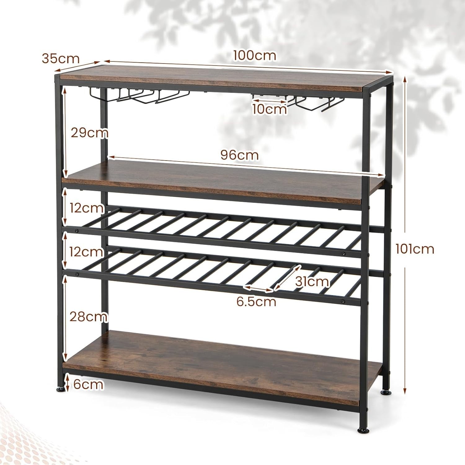 5-Tier Wine Rack Table with Glass Holder, Rustic Bar Shelf Storage Unit