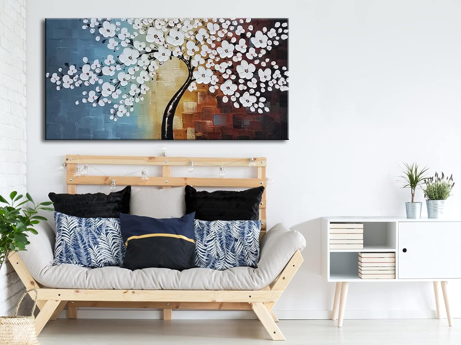 Large Hand Painted White Flowers Canvas Wall Art