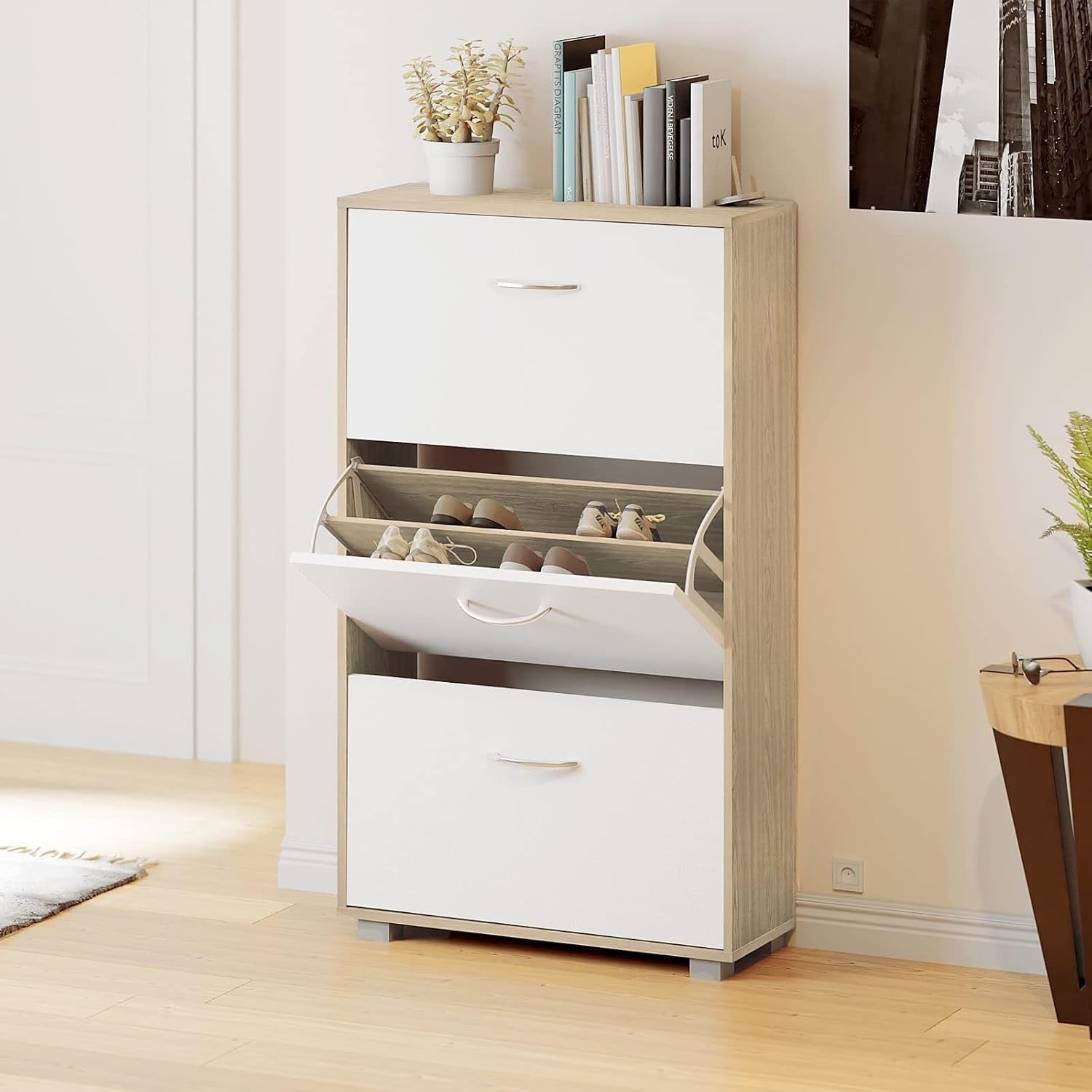 Modern 3 Door Shoe Cabinet Cupboard | Slim Hallway Storage Rack | 115x60x24cm