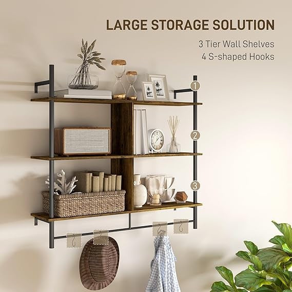 Rustic Ladder Wall Shelf 3-Tier Display Unit with Hooks 104cm Floating Rack