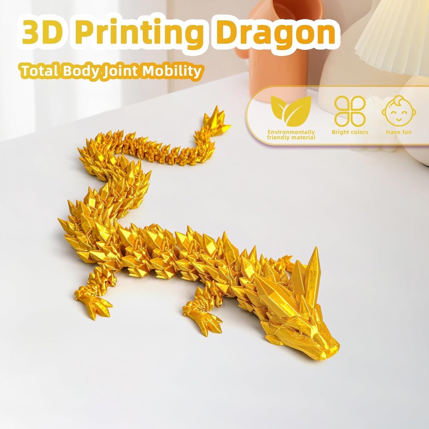 24in Gold Pearly 3D Printed Dragon Articulated Fantasy Fidget Decor