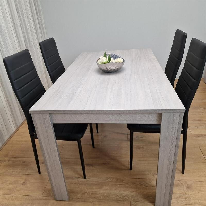 4 Seater Grey Dining Table Set with Black Leather Chairs for Kitchen