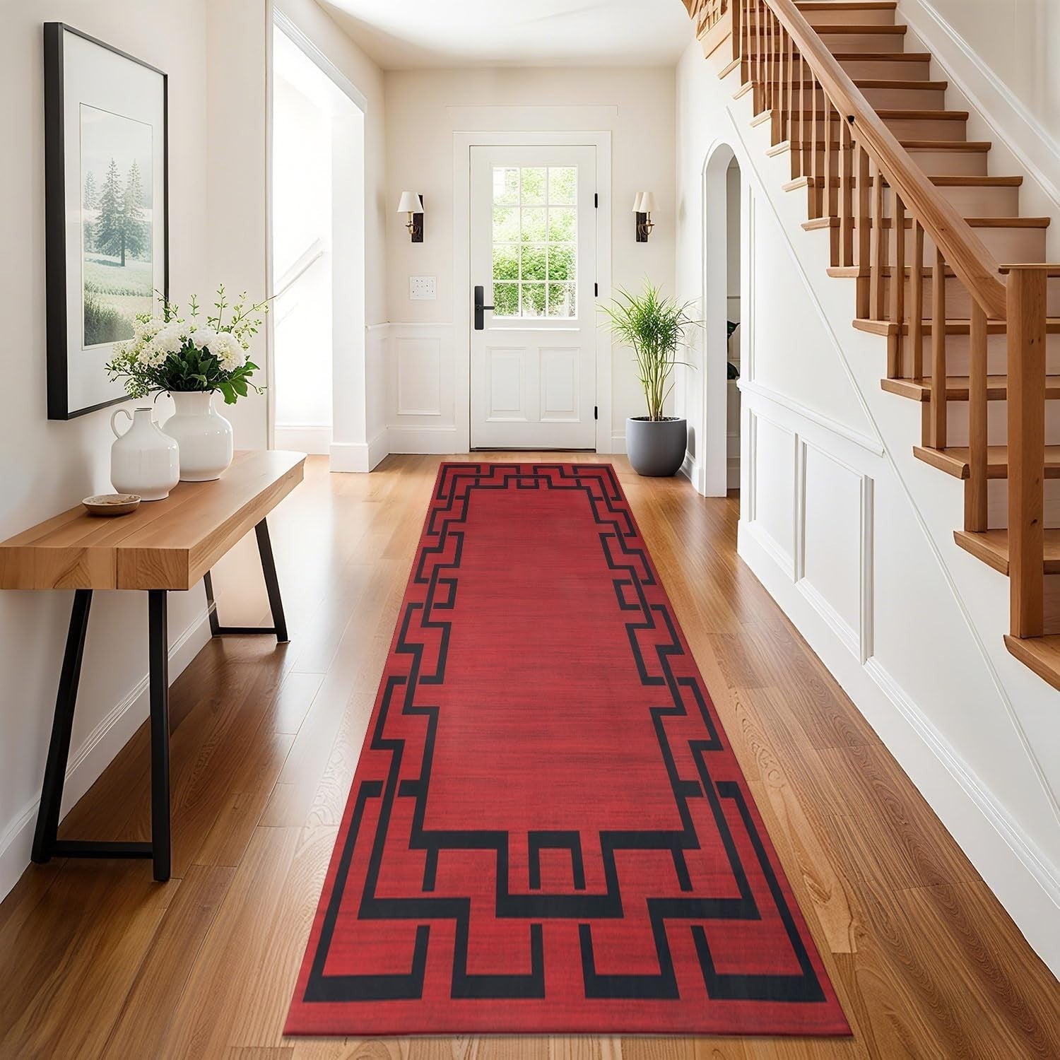 Red Runner Rug 80x300cm Non Slip Hallway Low Pile Greek Key Modern Carpet