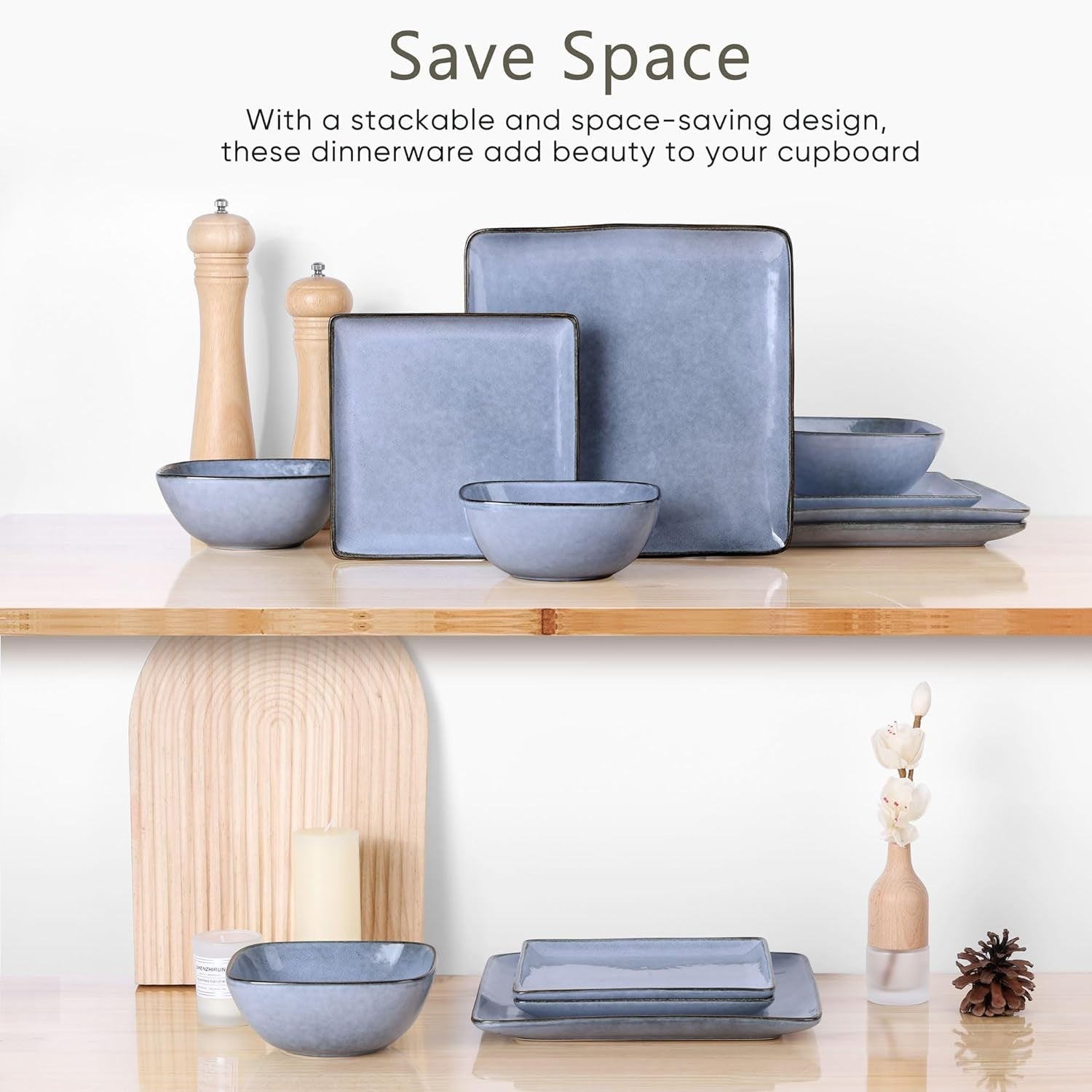 12pc Square Stoneware Dinner Set Plates Bowls Microwave Dishwasher Safe Blue