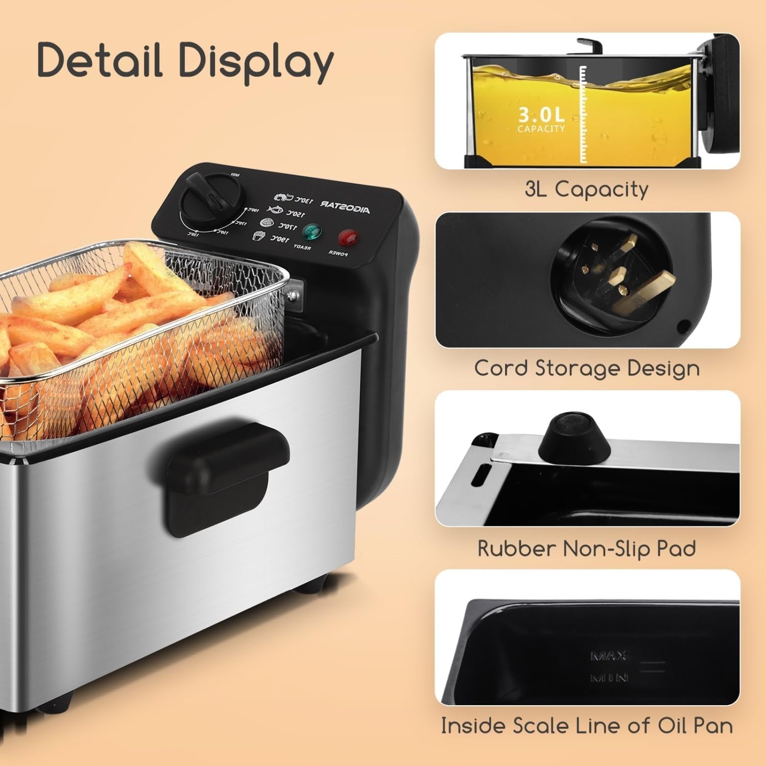 3L Deep Fat Fryer 2200W Stainless Steel Adjustable Temp Viewing Window