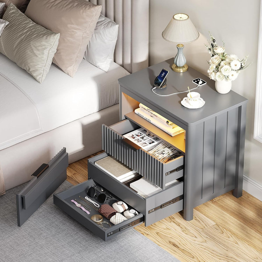 24" Grey Bedside Table with Charging Station, LED Light & 3 Storage Drawers