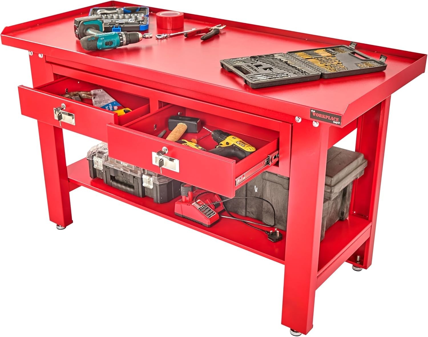Heavy Duty Steel Workbench with Lockable Drawers Shelf Adjustable Feet 1500mm