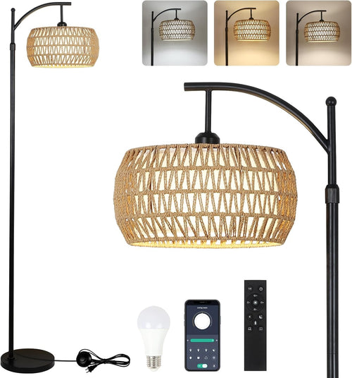 Arc Floor Lamp Dimmable Remote Rattan Shade Tall Standing Reading Light