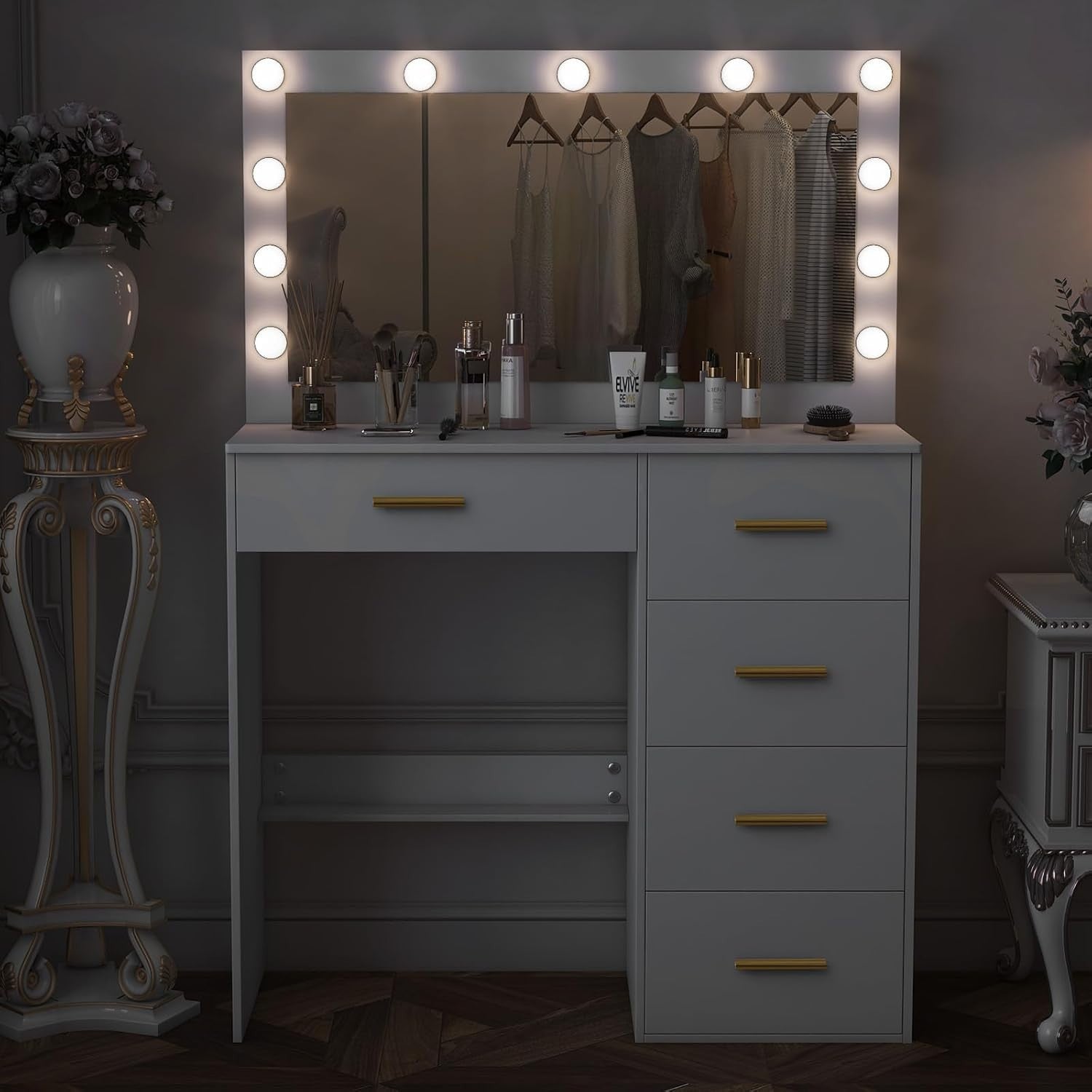 Vanity Table Large Lighted Mirror Desk 3 Color LED 5 Drawer Engineered Wood