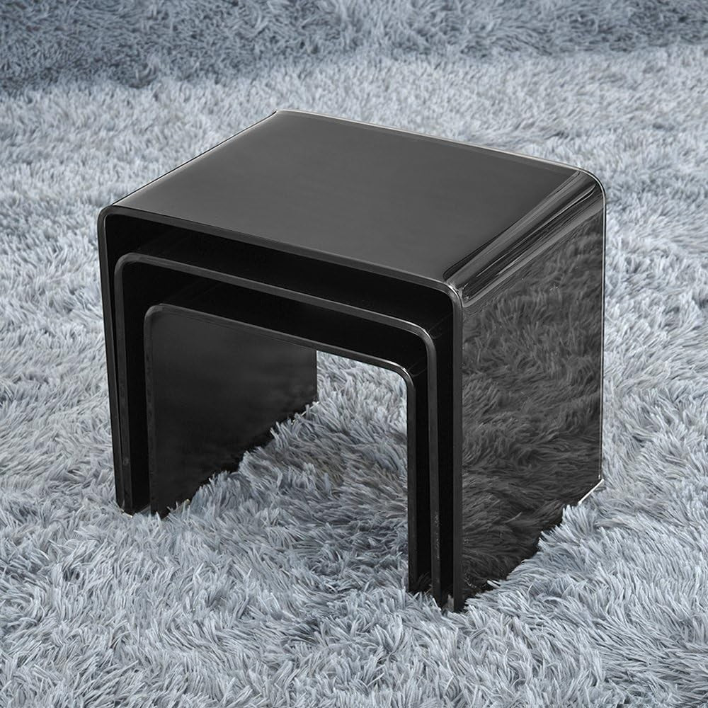 Black Glass Nesting Coffee Table Set Modern Space Saving Rectangular End Side