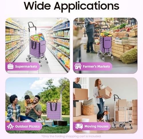 8 Wheel Folding Shopping Trolley 35L Waterproof Bag Lightweight Purple