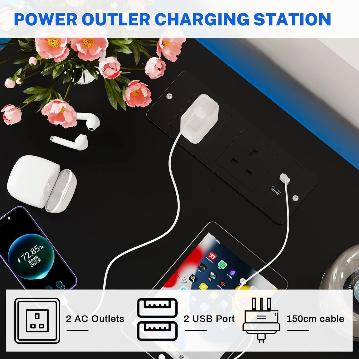 Black LED Bedside Table with USB Charging, Power Socket & 3 Drawers