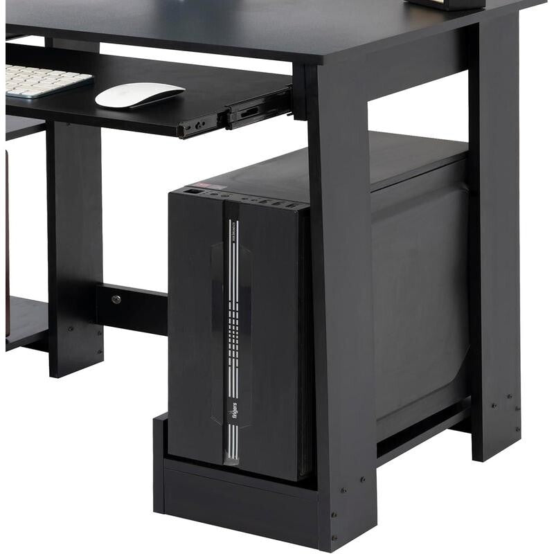Compact Black Office Desk 90cm with Keyboard Tray & Shelves for PC Laptop