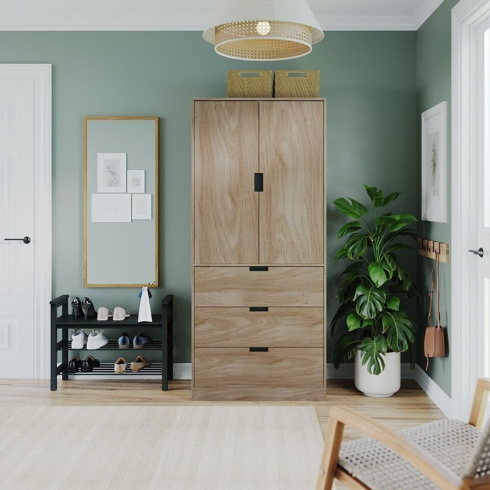 Modern Oak 2-Door Wardrobe with 3 Drawers, Clothes Rail & Spacious Storage
