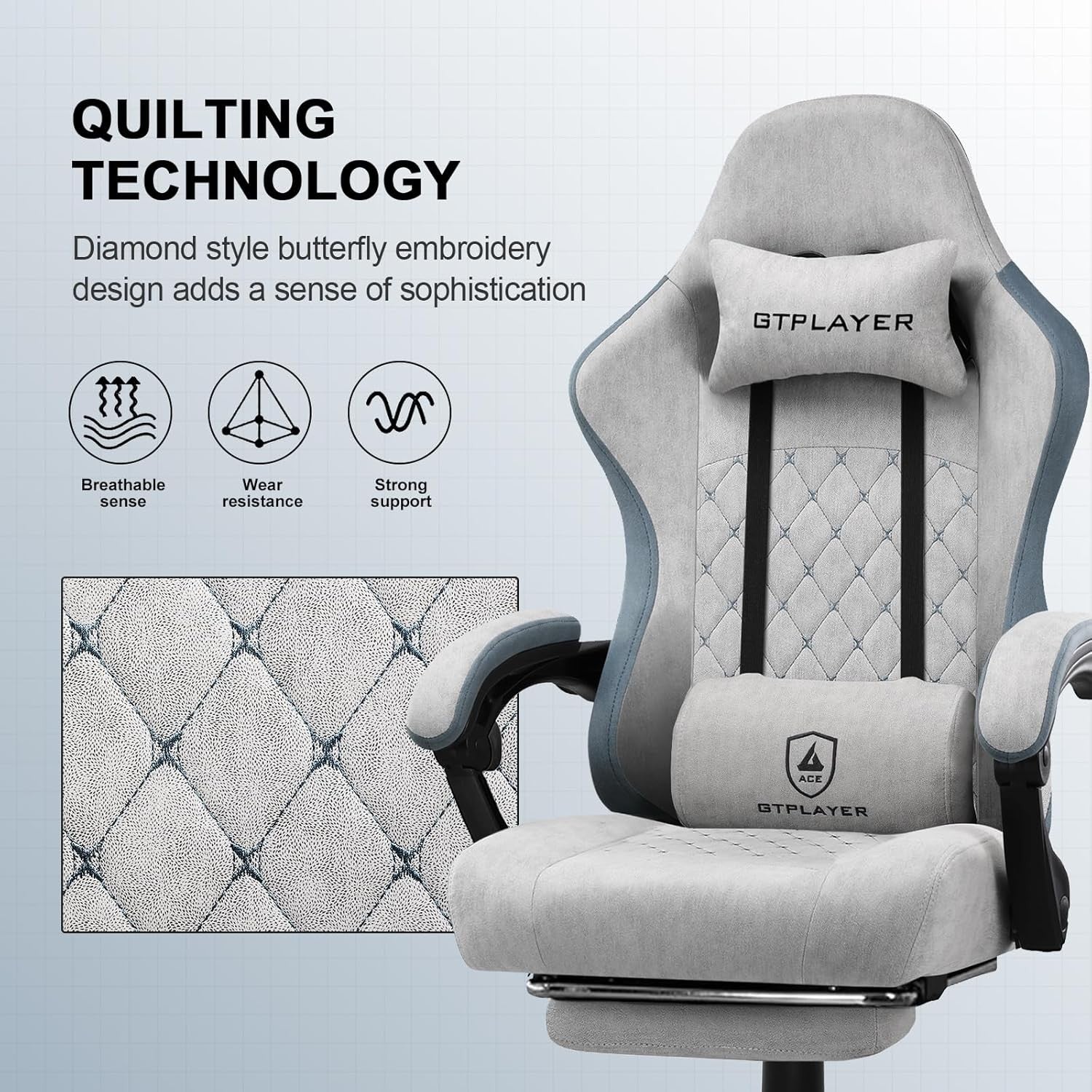 Fabric Gaming Chair with Footrest Ergonomic Recliner Lumbar Support