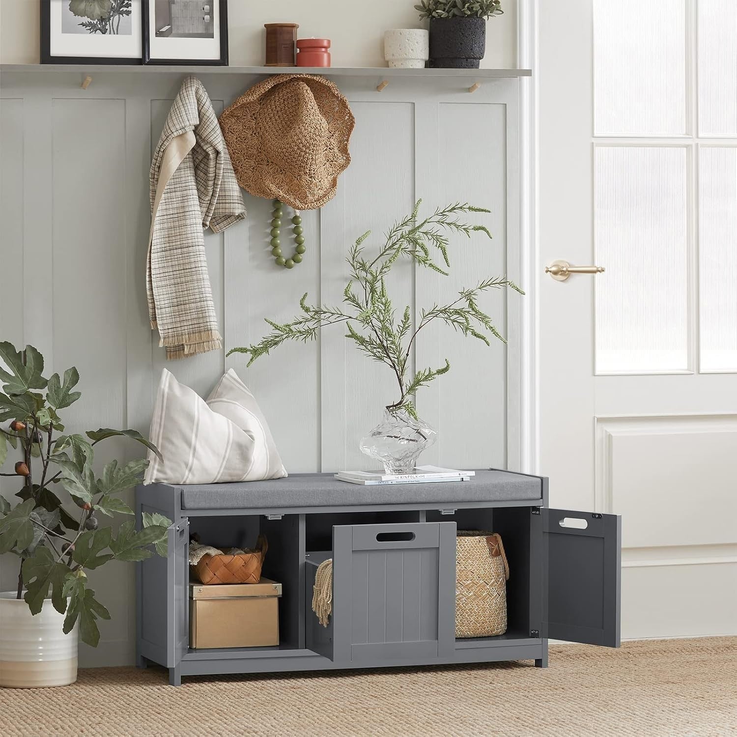 Modern Grey Hallway Shoe Storage Bench with Cushion & Drawer, 90x35x45cm