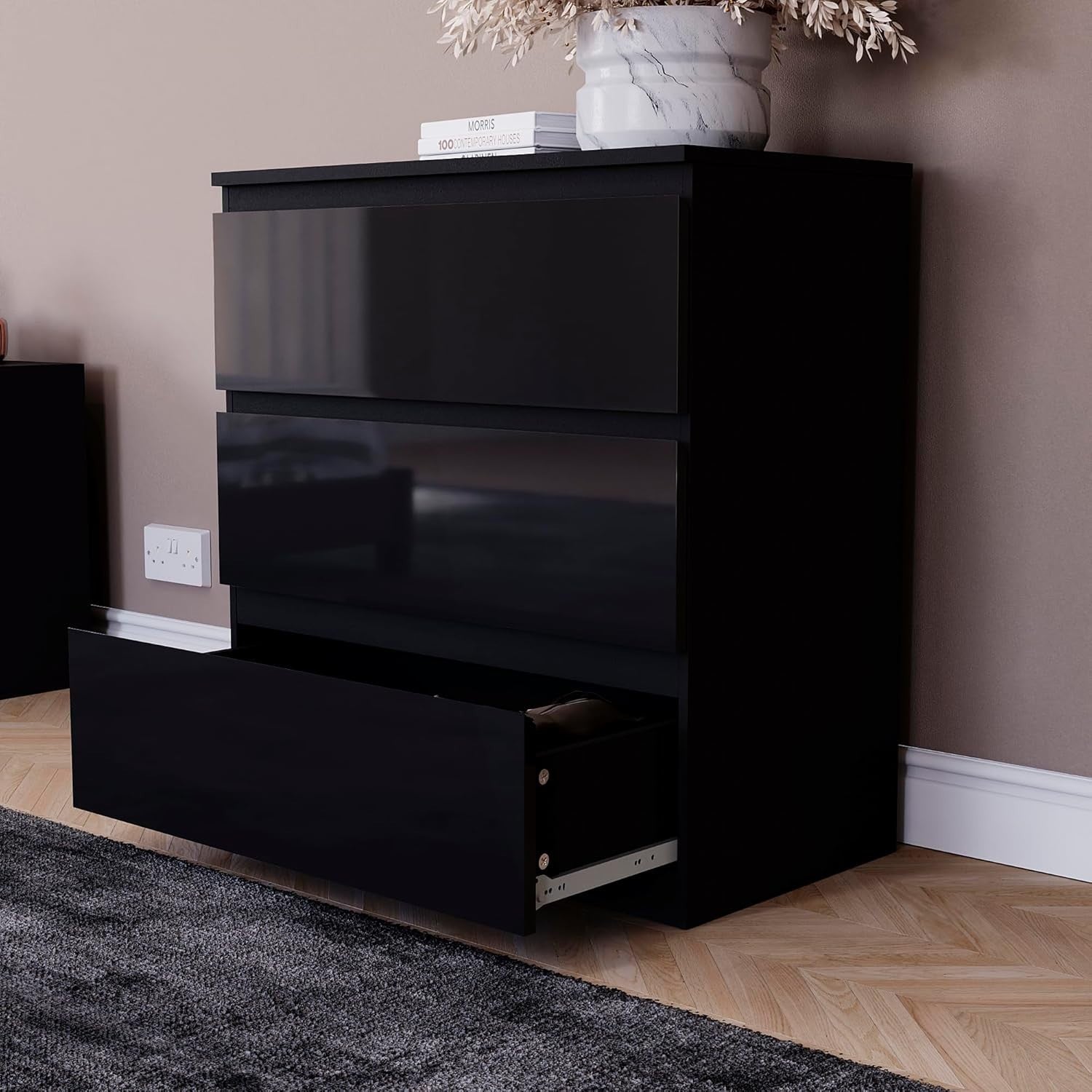 Black Gloss 3 Drawer Chest Compact Storage Cabinet Bedroom Organizer