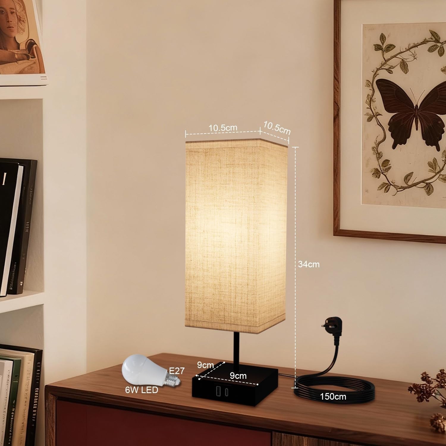 Touch Bedside Lamps Set of 2 USB A+C Dimmable Fabric Shade Nightstand