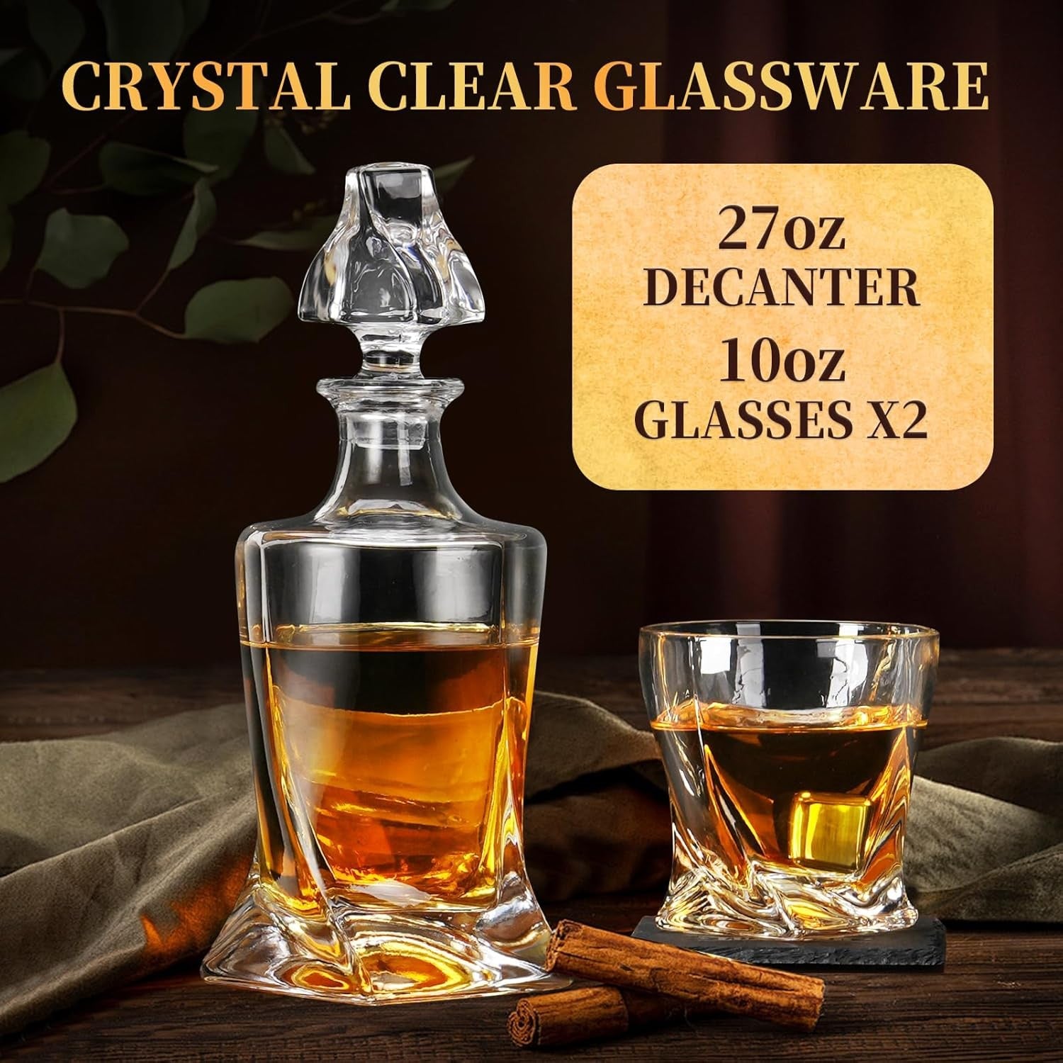 Luxury Whiskey Decanter Gift Set Crystal Glasses Wooden Box Steel Ice Cubes Men